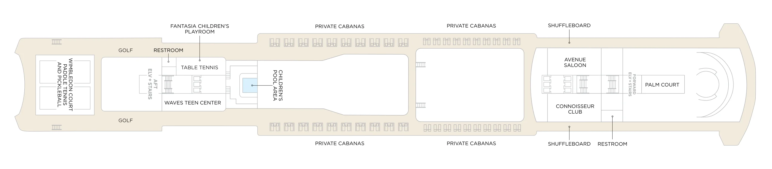 Deck 11 plan of Crystal Grace, showing the Wimbledon Court aft, the Waves Teen Center, Fantasia playroom and children's pool, private cabanas along both sides, and the Avenue Saloon, Connoisseur Club and Palm Court forward
