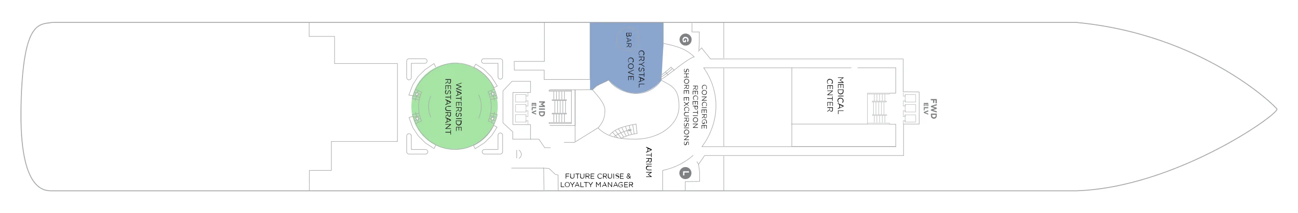 Deck 5 plan of Crystal Serenity, showing the Waterside Restaurant aft, the atrium with Crystal Cove and the reception, concierge and shore excursions desk, and the medical center forward