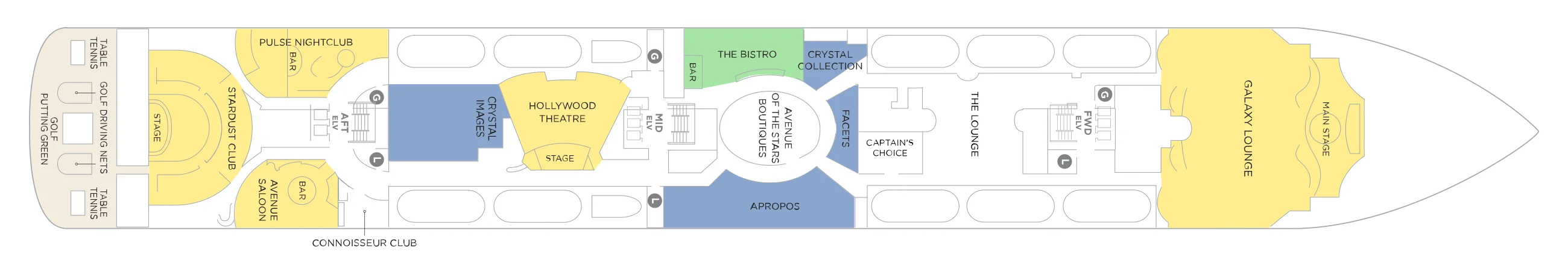 Deck 6 plan of Crystal Serenity, showing the Stardust Club, Pulse Nightclub, Avenue Saloon and Connoisseur Club aft, the Hollywood Theatre, The Bistro and the Avenue of the Stars boutiques midships, and the Galaxy Lounge forward