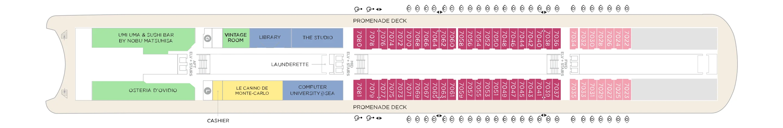 Deck 7 plan of Crystal Serenity, showing Umi Uma and Osteria d'Ovidio aft with the Vintage Room, library, The Studio, the casino and Computer University@Sea, then ocean-view guest rooms along the Promenade Deck