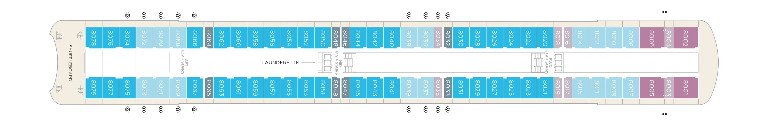 Deck 8 plan of Crystal Serenity, showing guest rooms and suites along both sides, the launderette midships and shuffleboard at the stern