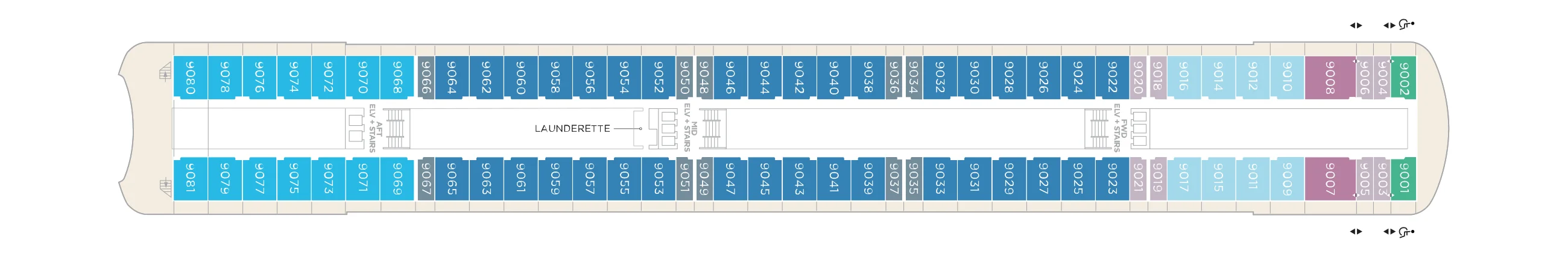 Deck 9 plan of Crystal Serenity, showing guest rooms and suites along both sides and the launderette midships