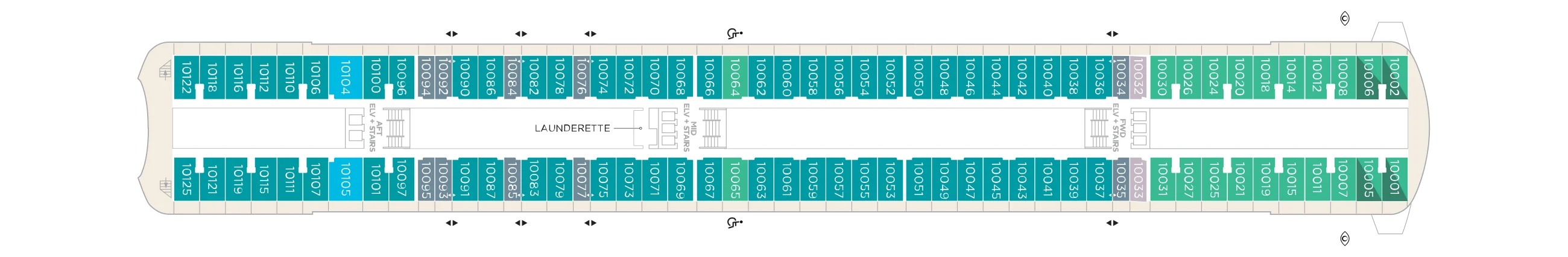 Deck 10 plan of Crystal Serenity, showing guest rooms and suites along both sides and the launderette midships
