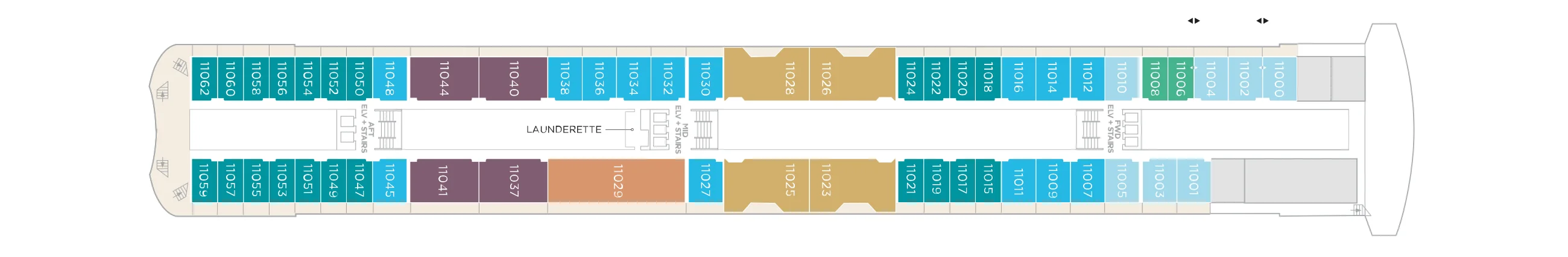 Deck 11 plan of Crystal Serenity in Crystal's second version, adding the Crystal Owner's Suite and four Junior Penthouse Premium Suites aft of the Penthouse Suites