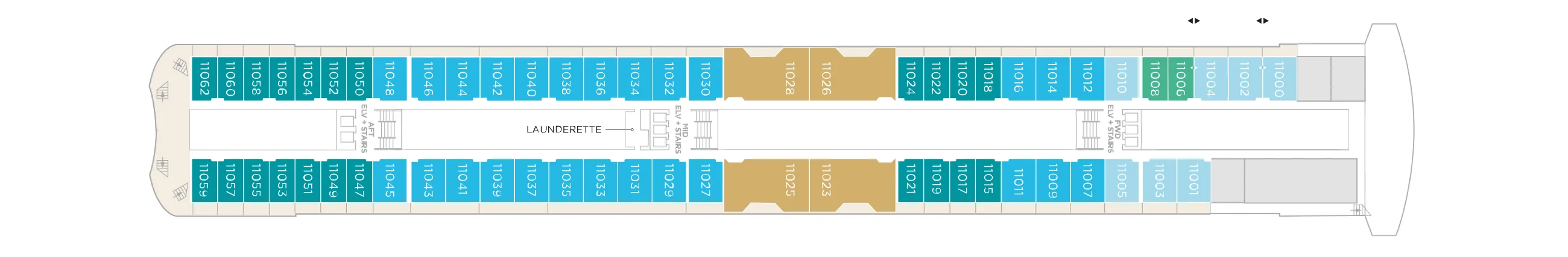 Deck 11 plan of Crystal Serenity as she sails now, showing the Penthouse Suites midships and suites along both sides