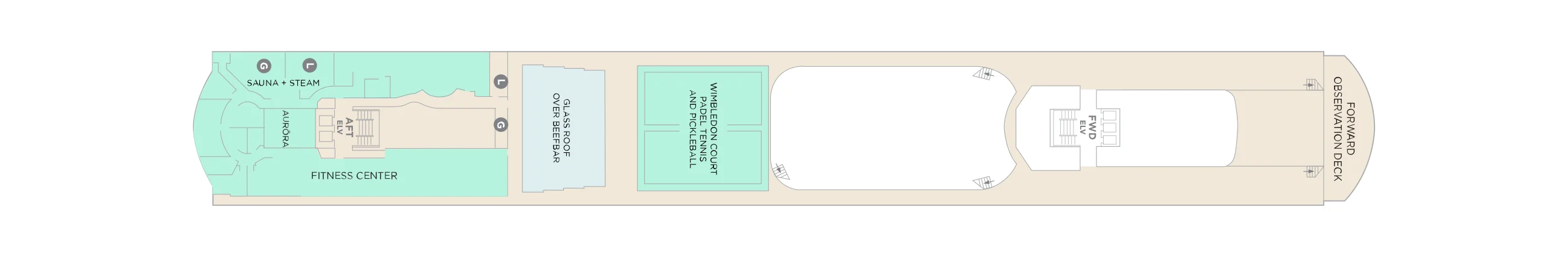 Deck 13 plan of Crystal Serenity, showing the Aurōra spa with sauna and steam and the fitness center aft, the glass roof over Beefbar, the Wimbledon Court and the forward observation deck