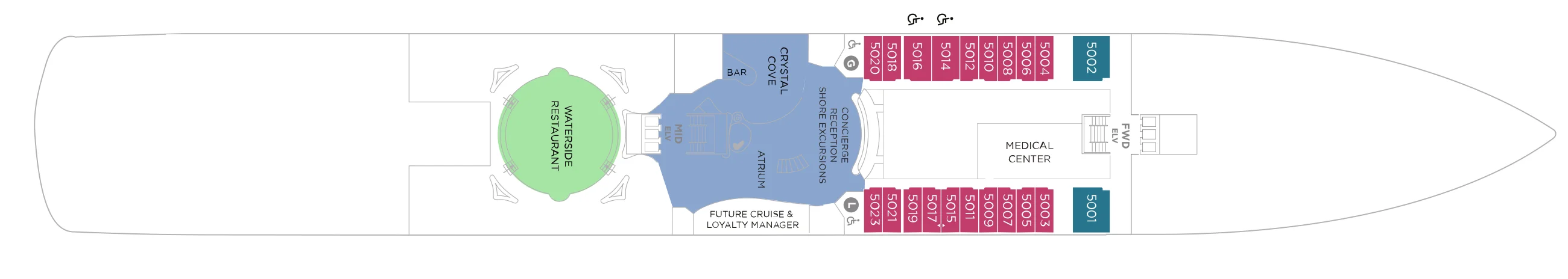 Deck 5 plan of Crystal Symphony, showing the Waterside Restaurant aft, the atrium with Crystal Cove and the reception desk, then guest rooms and suites and the medical center forward