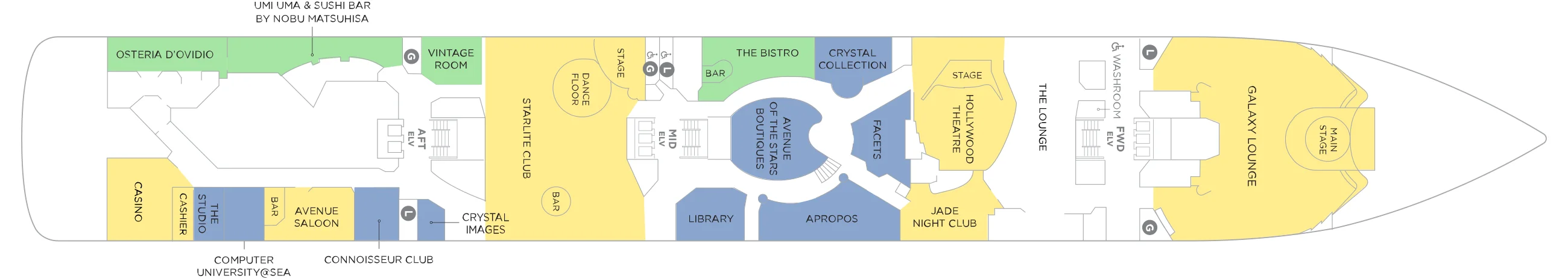 Deck 6 plan of Crystal Symphony, showing Osteria d'Ovidio, Umi Uma, the Vintage Room, the casino, Avenue Saloon and Connoisseur Club aft, the Starlite Club, The Bistro, boutiques and library midships, and the Hollywood Theatre, Jade Night Club and Galaxy Lounge forward
