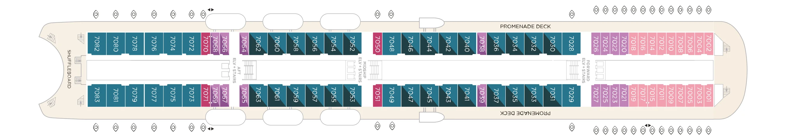 Deck 7 plan of Crystal Symphony, showing guest rooms along both sides off the Promenade Deck and shuffleboard at the stern