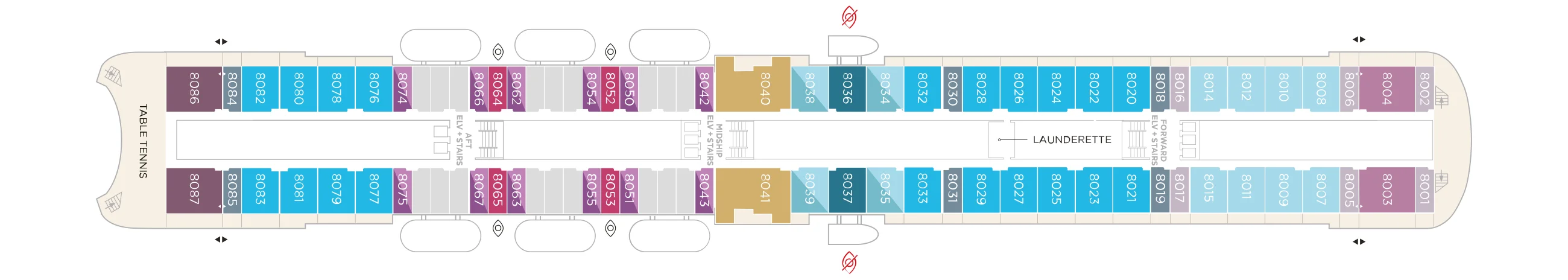 Deck 8 plan of Crystal Symphony, showing guest rooms and suites along both sides, two Penthouse Suites midships, the launderette, and table tennis at the stern