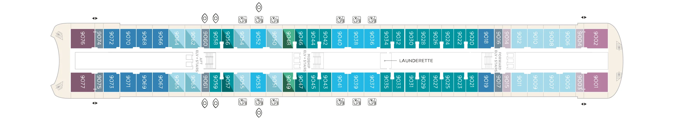 Deck 9 plan of Crystal Symphony, showing guest rooms and suites along both sides and the launderette forward of midships