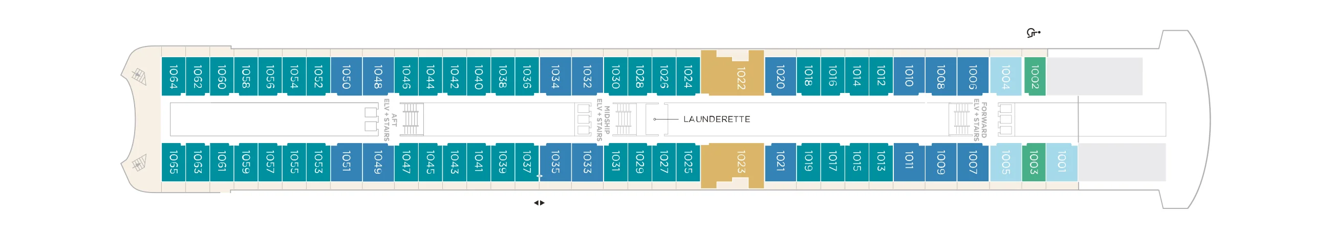 Deck 10 plan of Crystal Symphony, showing guest rooms and suites along both sides, two Penthouse Suites midships and the launderette
