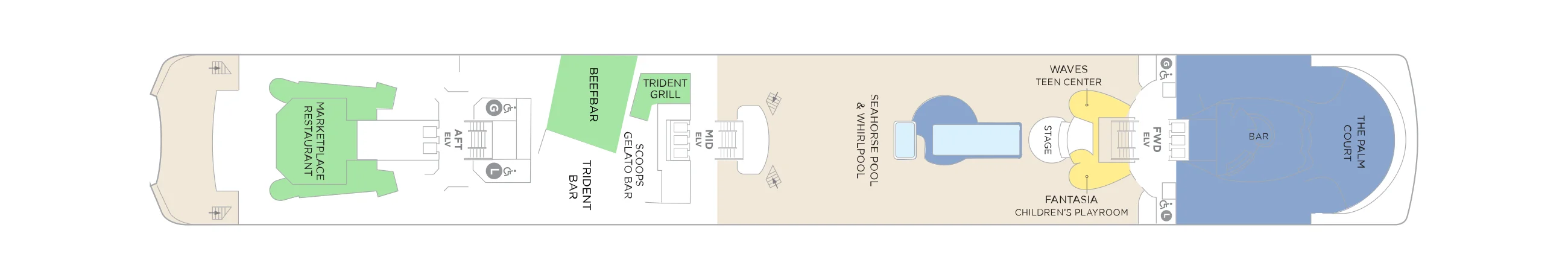 Deck 11 plan of Crystal Symphony, showing the Marketplace Restaurant aft, Beefbar, Trident Grill and Scoops Gelato Bar, the Seahorse Pool, Waves and Fantasia, and the Palm Court forward