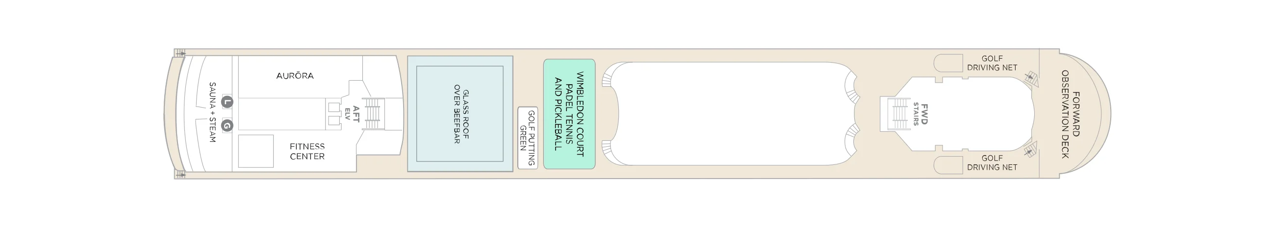 Deck 12 plan of Crystal Symphony, showing the Aurōra spa, sauna and fitness center aft, the glass roof over Beefbar, the putting green, the Wimbledon Court, golf driving nets and the forward observation deck