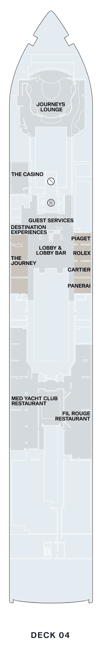 Deck 4 plan of Explora I, showing the Journeys Lounge forward, The Casino, Guest Services, Destination Experiences, the Lobby & Lobby Bar, The Journey, the Piaget, Rolex, Cartier and Panerai boutiques, and the Med Yacht Club and Fil Rouge restaurants aft