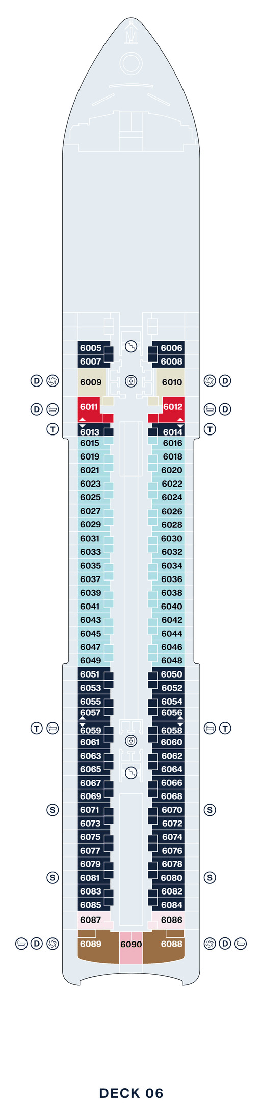 Deck 6 plan of Explora I, showing suites 6005 to 6090: Ocean Grand Terrace Suites at the forward end and along the after half, Cove Residences and Grand Penthouses among them forward, Ocean Terrace Suites forward of midships, and Penthouses, Cocoon Residences and a Deluxe Penthouse across the stern