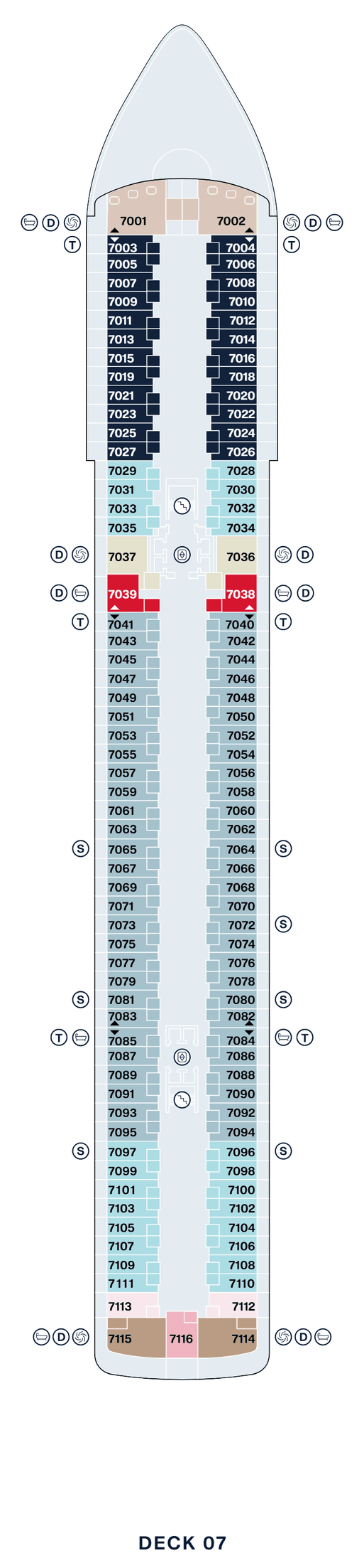 Deck 7 plan of Explora I, showing suites 7001 to 7116: Retreat Residences at the bow, Ocean Grand Terrace Suites forward, Cove Residences and Grand Penthouses, Ocean Terrace Suites along the rest of the deck, and Penthouses, Serenity Residences and a Deluxe Penthouse across the stern