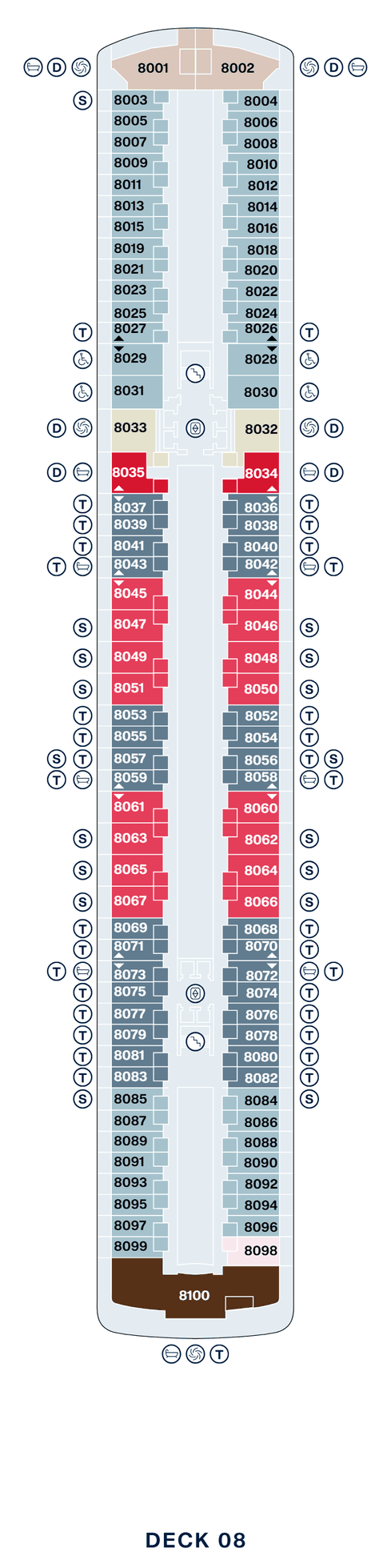 Deck 8 plan of Explora I, showing suites 8001 to 8100: Retreat Residences at the bow, Ocean Terrace Suites, Cove Residences and Grand Penthouses forward, Premier Penthouses amidships, and a Penthouse and the Owner's Residence, 8100, across the stern