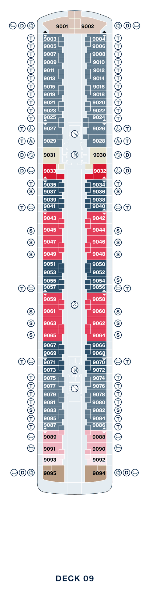 Deck 9 plan of Explora I, showing suites 9001 to 9095: Retreat Residences at the bow, Ocean Terrace Suites, Cove Residences and Grand Penthouses forward, Premier Penthouses amidships, Deluxe Penthouses aft, and Penthouses and Serenity Residences across the stern