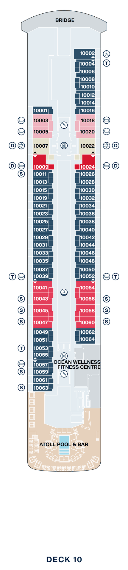 Deck 10 plan of Explora I, showing the Bridge forward, suites 10001 to 10064 (Ocean Terrace Suites, with Deluxe Penthouses, Cove Residences and Grand Penthouses forward and Premier Penthouses further aft), the Ocean Wellness Fitness Centre and the Atoll Pool & Bar aft