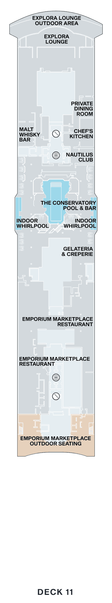 Deck 11 plan of Explora I, showing the Explora Lounge and its outdoor area at the bow, the Private Dining Room, Malt Whisky Bar, Chef's Kitchen, Nautilus Club, The Conservatory Pool & Bar with indoor whirlpools, Gelateria & Creperie and the Emporium Marketplace with outdoor seating aft