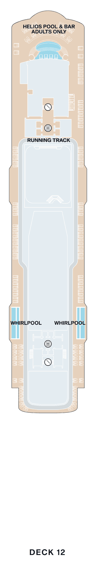 Deck 12 plan of Explora I, showing the Helios Pool & Bar (adults only) forward, the running track and two whirlpools