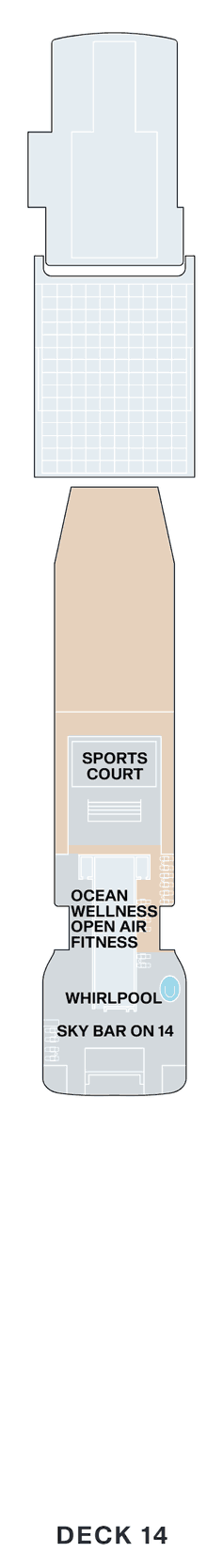Deck 14 plan of Explora I, showing the Sports Court, Ocean Wellness open-air fitness, a whirlpool and the Sky Bar on 14