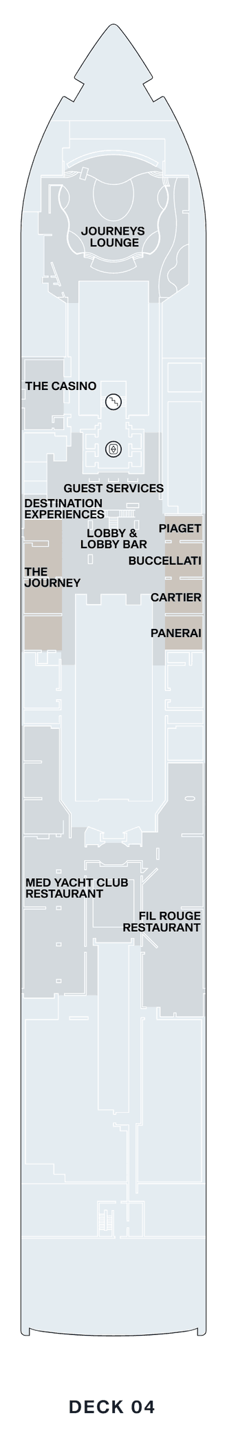 Deck 4 plan of Explora II, showing the Journeys Lounge forward, The Casino, Guest Services, Destination Experiences, the Lobby & Lobby Bar, The Journey, the Piaget, Buccellati, Cartier and Panerai boutiques, and the Med Yacht Club and Fil Rouge restaurants aft