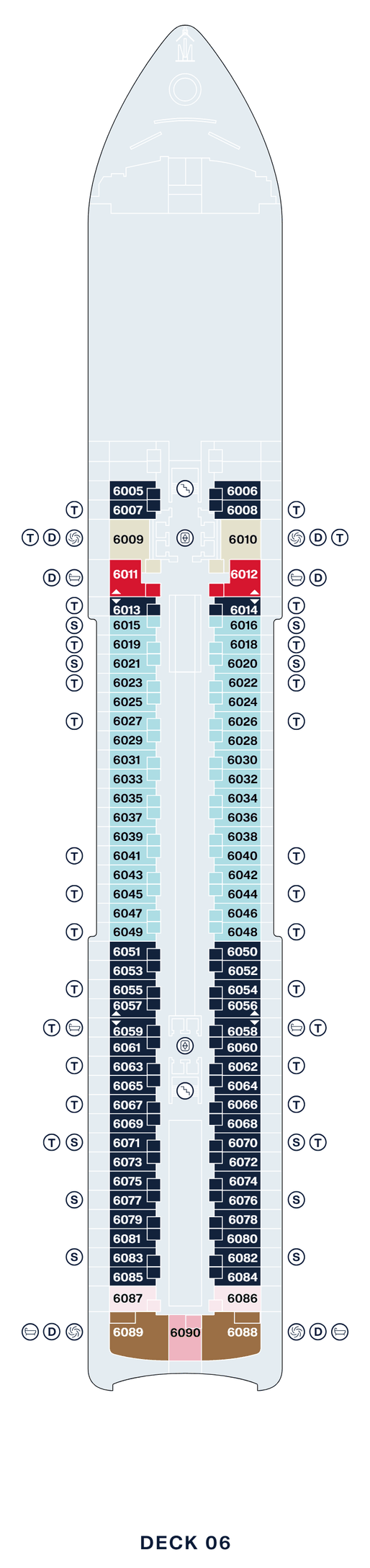 Deck 6 plan of Explora II, showing suites 6005 to 6090: Ocean Grand Terrace Suites at the forward end and along the after half, Cove Residences and Grand Penthouses among them forward, Ocean Terrace Suites forward of midships, and Penthouses, Cocoon Residences and a Deluxe Penthouse across the stern