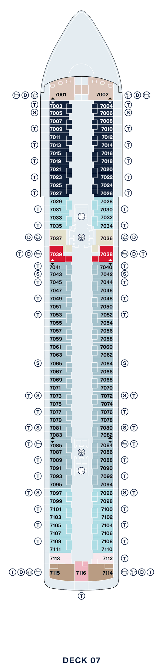 Deck 7 plan of Explora II, showing suites 7001 to 7116: Retreat Residences at the bow, Ocean Grand Terrace Suites forward, Cove Residences and Grand Penthouses, Ocean Terrace Suites along the rest of the deck, and Penthouses, Serenity Residences and a Deluxe Penthouse across the stern