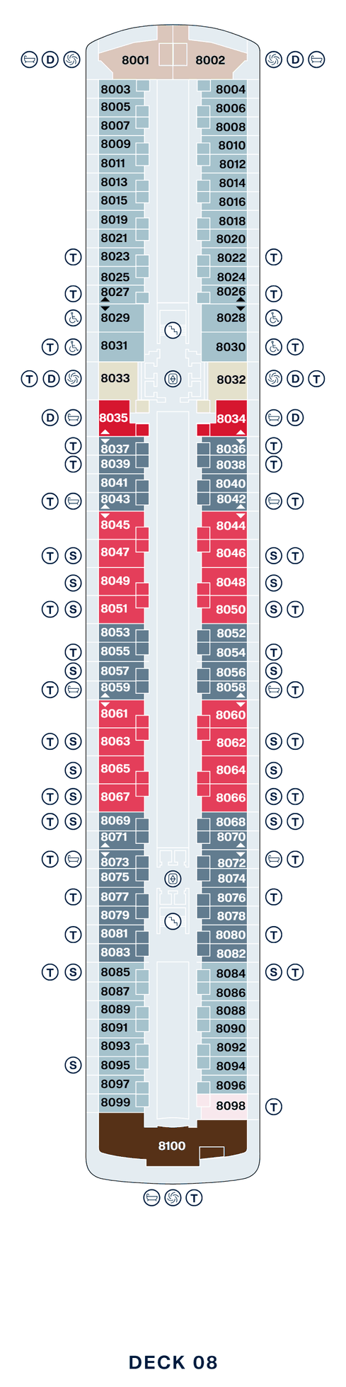 Deck 8 plan of Explora II, showing suites 8001 to 8100: Retreat Residences at the bow, Ocean Terrace Suites, Cove Residences and Grand Penthouses forward, Premier Penthouses amidships, and a Penthouse and the Owner's Residence, 8100, across the stern