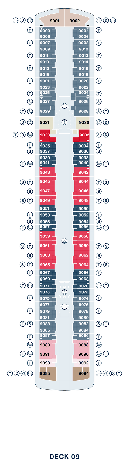 Deck 9 plan of Explora II, showing suites 9001 to 9095: Retreat Residences at the bow, Ocean Terrace Suites, Cove Residences and Grand Penthouses forward, Premier Penthouses amidships, Deluxe Penthouses aft, and Penthouses and Serenity Residences across the stern