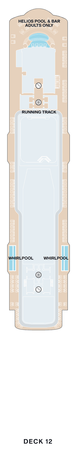 Deck 12 plan of Explora II, showing the Helios Pool & Bar (adults only) forward, the running track and two whirlpools
