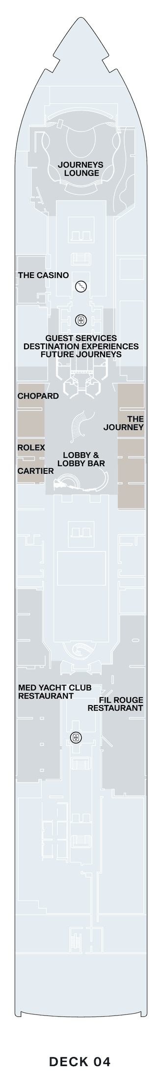 Deck 4 plan of Explora III, showing the Journeys Lounge forward, The Casino, Guest Services, Destination Experiences and Future Journeys, the Lobby & Lobby Bar, The Journey, the Chopard, Rolex and Cartier boutiques, and the Med Yacht Club and Fil Rouge restaurants aft
