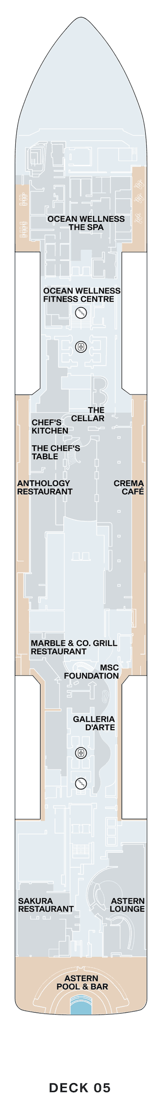 Deck 5 plan of Explora III, showing Ocean Wellness The Spa and Fitness Centre forward, The Cellar, Chef's Kitchen, The Chef's Table, Anthology, Crema Café, Marble & Co. Grill, the MSC Foundation, Galleria d'Arte, Sakura, the Astern Lounge and the Astern Pool & Bar