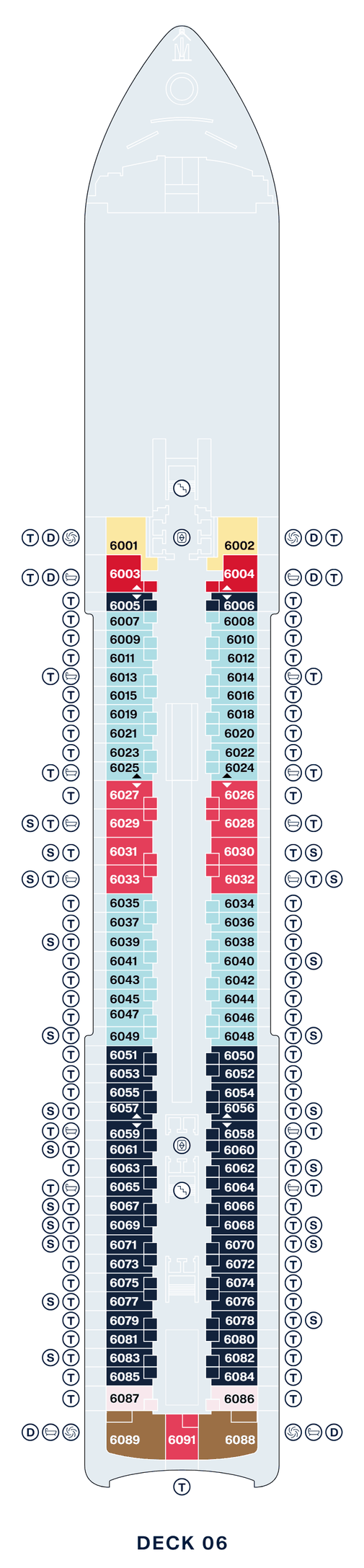 Deck 6 plan of Explora III, showing suites 6001 to 6091: Cove Residences with Whirlpool, Grand Penthouses and two Ocean Grand Terrace Suites at the forward end, Ocean Terrace Suites with Premier Penthouses among them forward of midships, Ocean Grand Terrace Suites along the after half, and Penthouses, Cocoon Residences and a Premier Penthouse across the stern