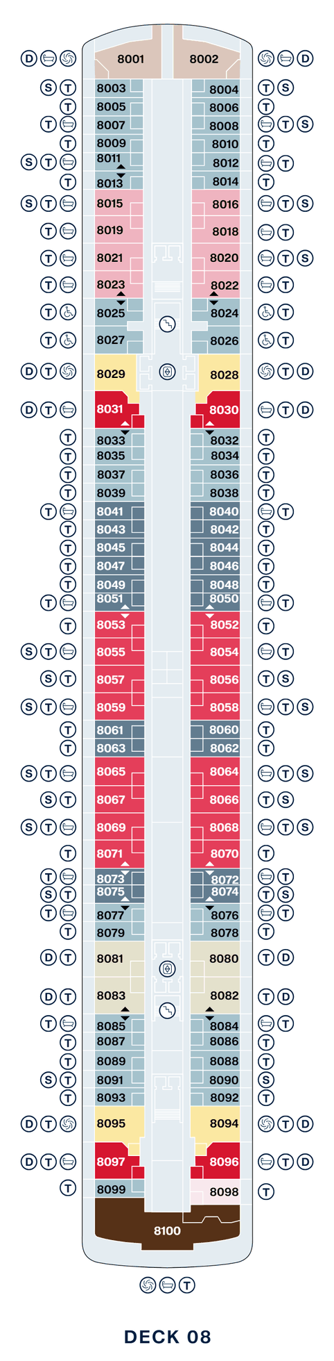 Deck 8 plan of Explora III, showing suites 8001 to 8100: Retreat Residences at the bow, Ocean Terrace Suites with Deluxe Penthouses forward, Cove Residences with Whirlpool and Grand Penthouses forward and aft, Premier Penthouses amidships, Cove Residences aft, and a Penthouse and the Owner's Residence, 8100, across the stern