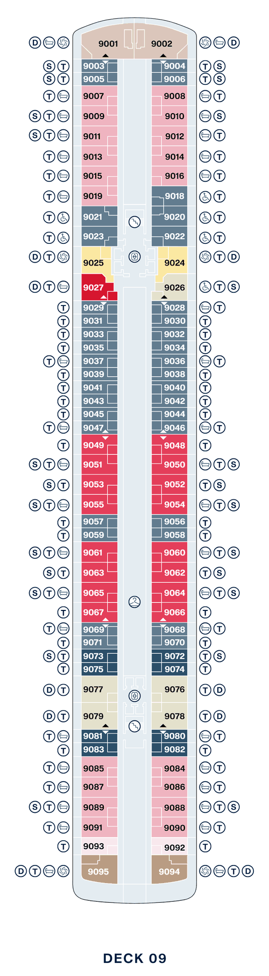 Deck 9 plan of Explora III, showing suites 9001 to 9095: Retreat Residences at the bow, Deluxe Penthouses forward and aft, Cove Residences with Whirlpool, a Grand Penthouse and Cove Residences, Ocean Terrace Suites, Premier Penthouses amidships, and Penthouses and Serenity Residences across the stern