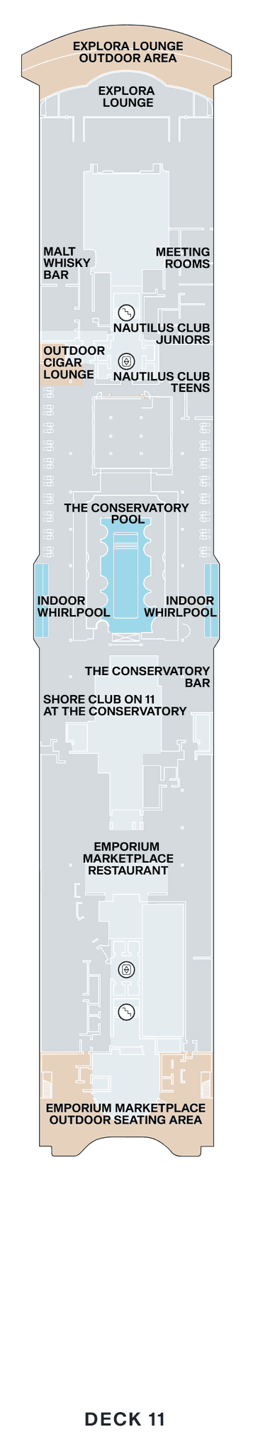 Deck 11 plan of Explora III, showing the Explora Lounge and its outdoor area at the bow, Malt Whisky Bar, Meeting Rooms, the Outdoor Cigar Lounge, Nautilus Club Juniors and Teens, The Conservatory Pool and Bar with indoor whirlpools, Shore Club on 11 at The Conservatory and the Emporium Marketplace with its outdoor seating area aft