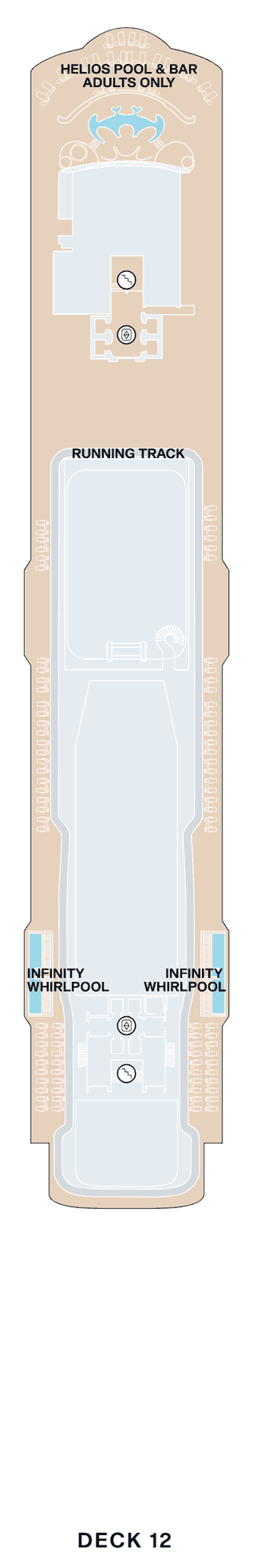 Deck 12 plan of Explora III, showing the Helios Pool & Bar (adults only) forward, the running track and two infinity whirlpools