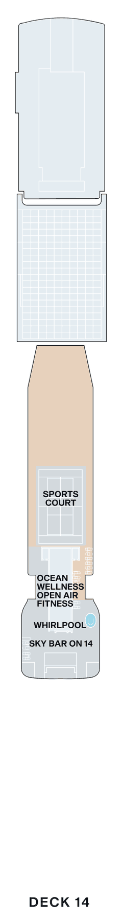 Deck 14 plan of Explora III, showing the Sports Court, Ocean Wellness open-air fitness, a whirlpool and the Sky Bar on 14