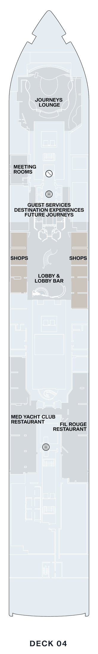 Deck 4 plan of Explora IV, showing the Journeys Lounge forward, Meeting Rooms, Guest Services, Destination Experiences and Future Journeys, shops either side of the Lobby & Lobby Bar, and the Med Yacht Club and Fil Rouge restaurants aft