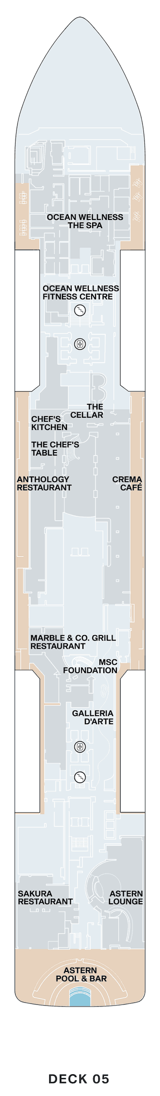 Deck 5 plan of Explora IV, showing Ocean Wellness The Spa and Fitness Centre forward, The Cellar, Chef's Kitchen, The Chef's Table, Anthology, Crema Café, Marble & Co. Grill, the MSC Foundation, Galleria d'Arte, Sakura, the Astern Lounge and the Astern Pool & Bar