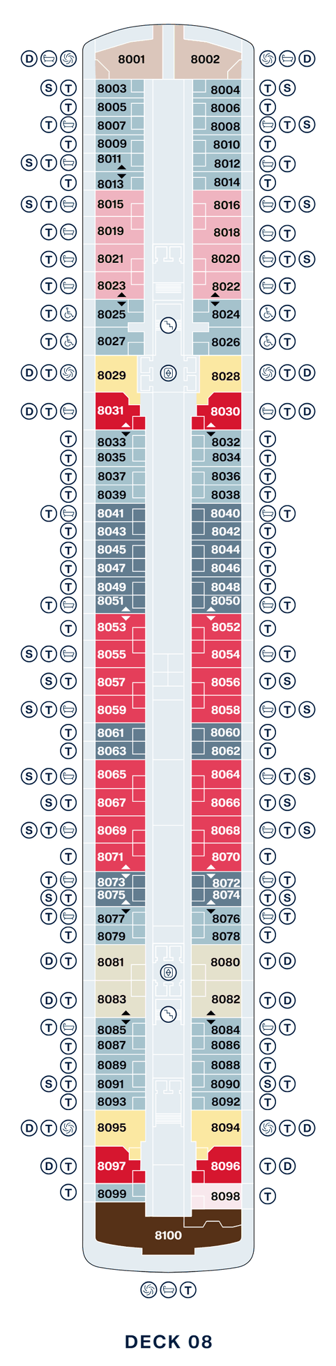 Deck 8 plan of Explora IV, showing suites 8001 to 8100: Retreat Residences at the bow, Ocean Terrace Suites with Deluxe Penthouses forward, Cove Residences with Whirlpool and Grand Penthouses forward and aft, Premier Penthouses amidships, Cove Residences aft, and a Penthouse and the Owner's Residence, 8100, across the stern
