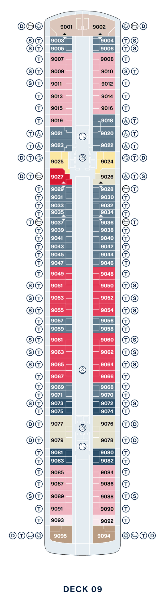 Deck 9 plan of Explora IV, showing suites 9001 to 9095: Retreat Residences at the bow, Deluxe Penthouses forward and aft, Cove Residences with Whirlpool, a Grand Penthouse and Cove Residences, Ocean Terrace Suites, Premier Penthouses amidships, and Penthouses and Serenity Residences across the stern