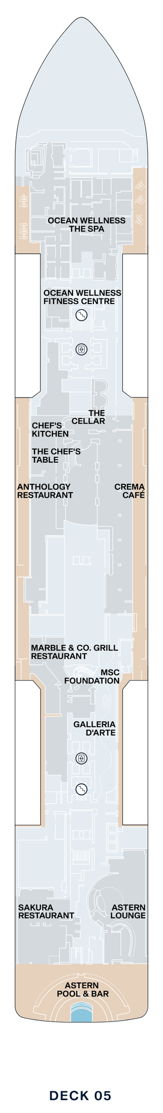 Deck 5 plan of Explora V, showing Ocean Wellness The Spa and Fitness Centre forward, Chef's Kitchen, The Cellar, The Chef's Table, Anthology, Crema Café, Marble & Co. Grill, the MSC Foundation, Galleria d'Arte, Sakura, the Astern Lounge and the Astern Pool & Bar