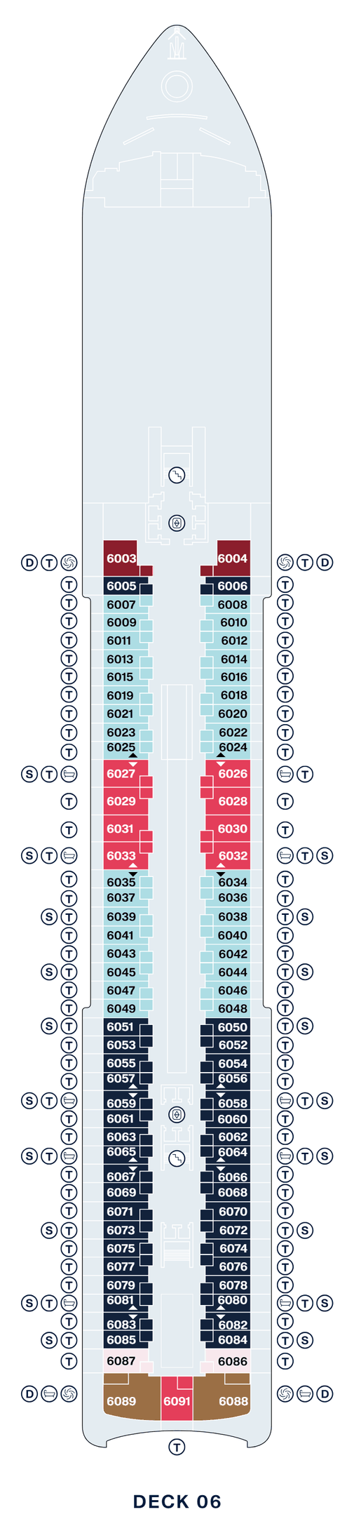 Deck 6 plan of Explora V, showing suites 6003 to 6091: Grand Penthouses with Whirlpool and two Ocean Grand Terrace Suites at the forward end, Ocean Terrace Suites with Premier Penthouses among them forward of midships, Ocean Grand Terrace Suites along the after half, and Penthouses, Cocoon Residences and a Premier Penthouse across the stern