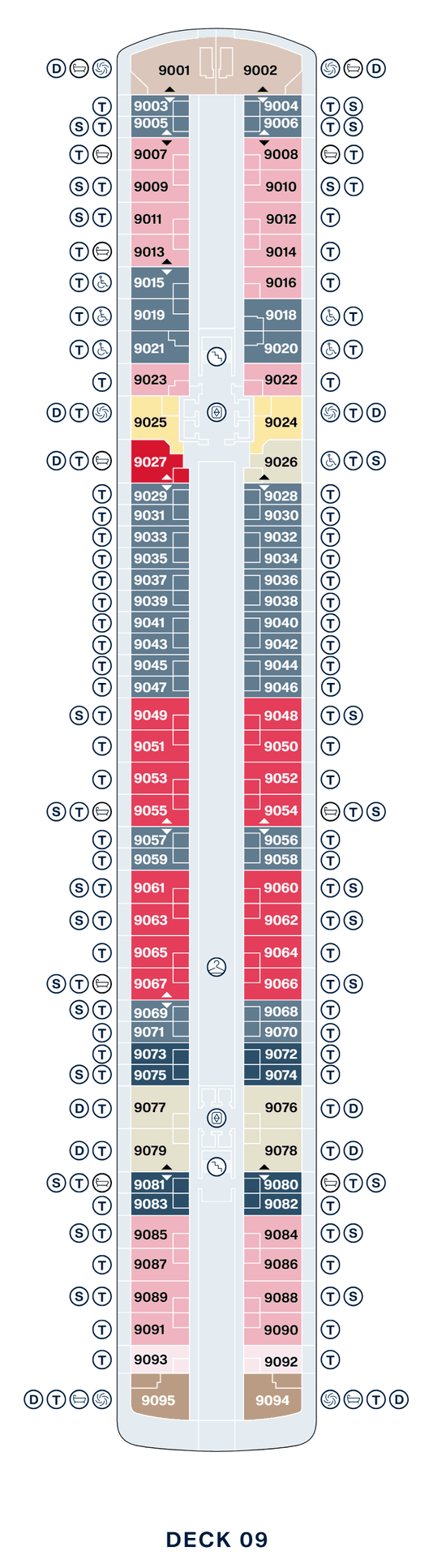 Deck 9 plan of Explora V, showing suites 9001 to 9095: Retreat Residences at the bow, Deluxe Penthouses forward and aft, Cove Residences with Whirlpool, a Grand Penthouse and Cove Residences, Ocean Terrace Suites, Premier Penthouses amidships, and Penthouses and Serenity Residences across the stern