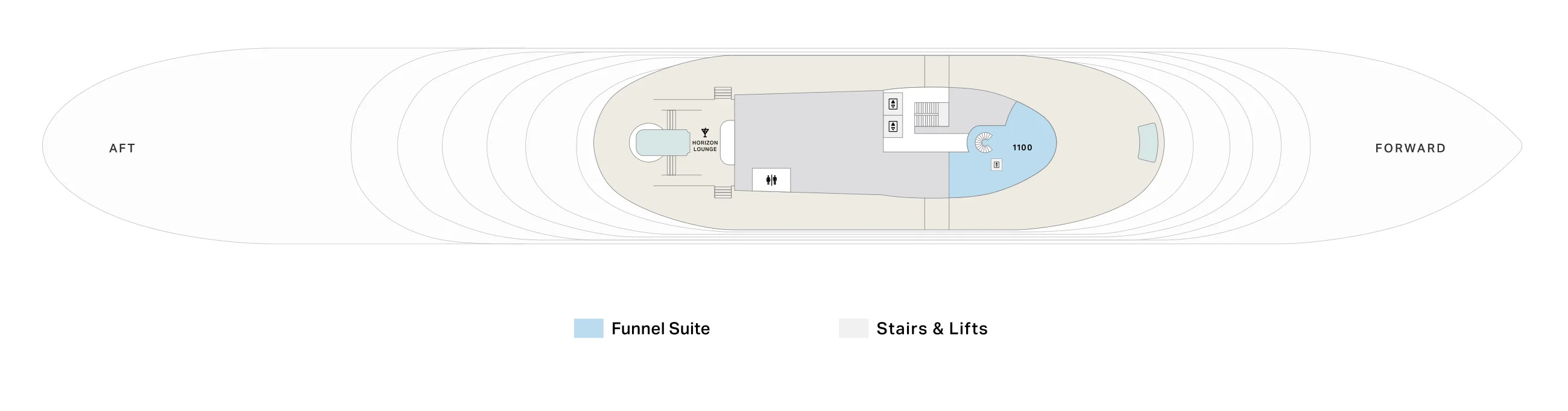 Deck 11 plan of Four Seasons I, showing the Horizon Lounge and its pool aft and the first level of the Funnel Suite 1100 forward