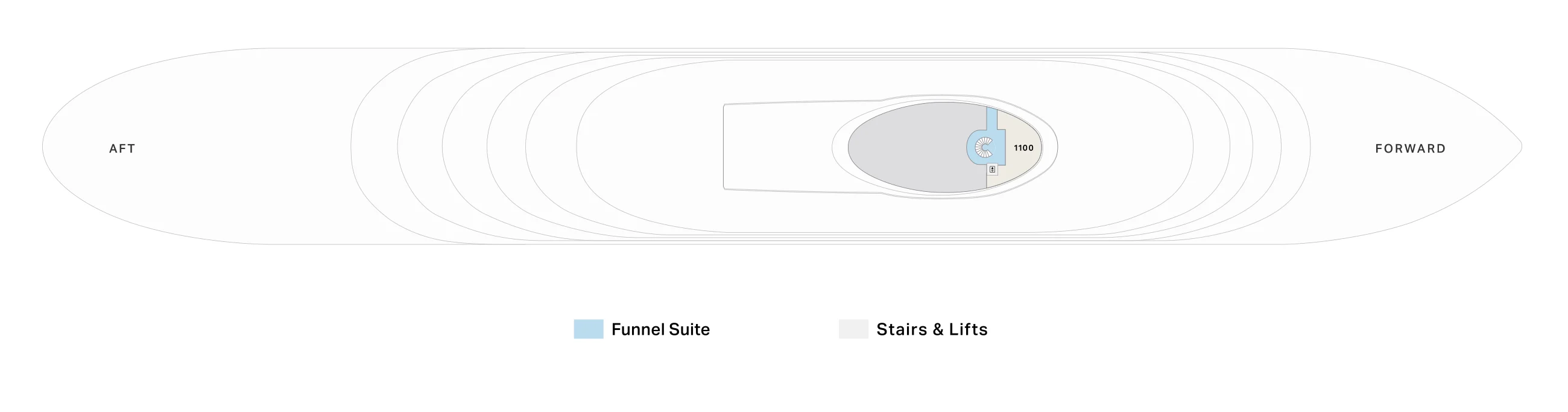 Deck 15 plan of Four Seasons I, showing the top level of the Funnel Suite 1100